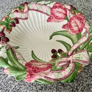 Fitz and Floyd 14” blackberry tulip floral rabbit spring Easter dish bowl
